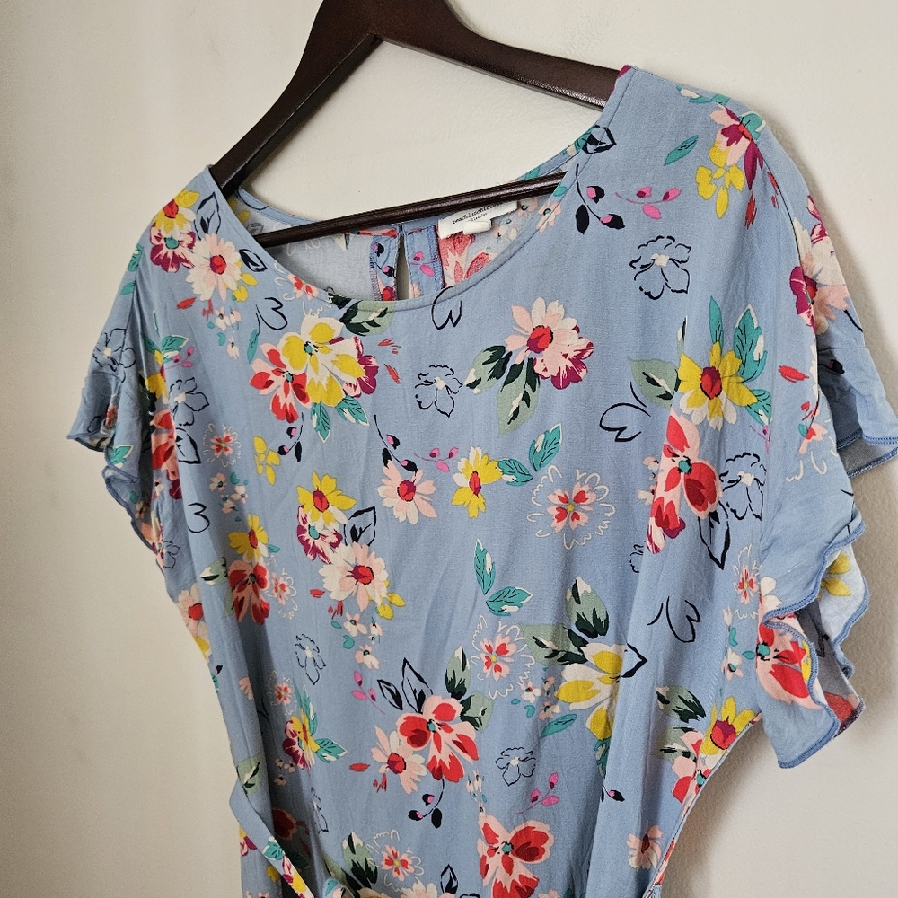 beachlunchlounge Floral Blue Shift Dress Belt Mini Short Sleeve Casual Large - Picture 2 of 13